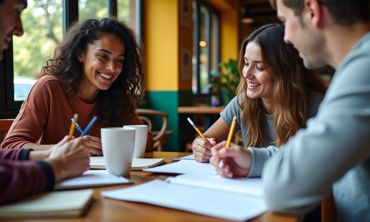 Grupo praticando redação em inglês em café brasileiro vibrante.