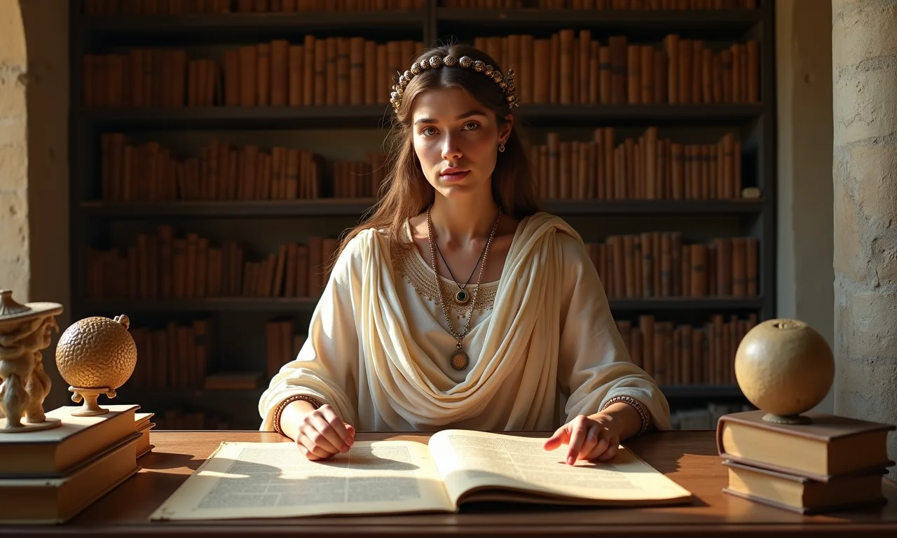 Hipátia de Alexandria ensinando matemática em uma biblioteca antiga.