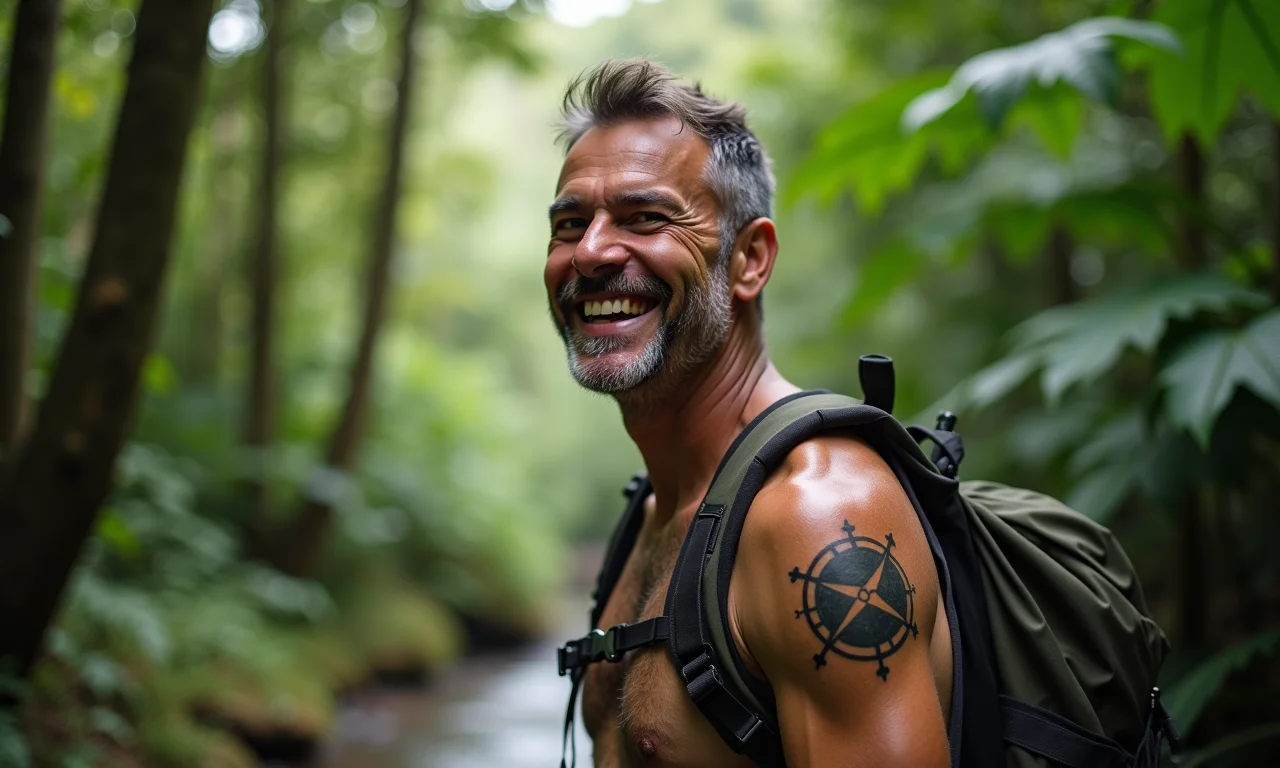 Homem brasileiro com tatuagem de Sagitário sorrindo em trilha na floresta.