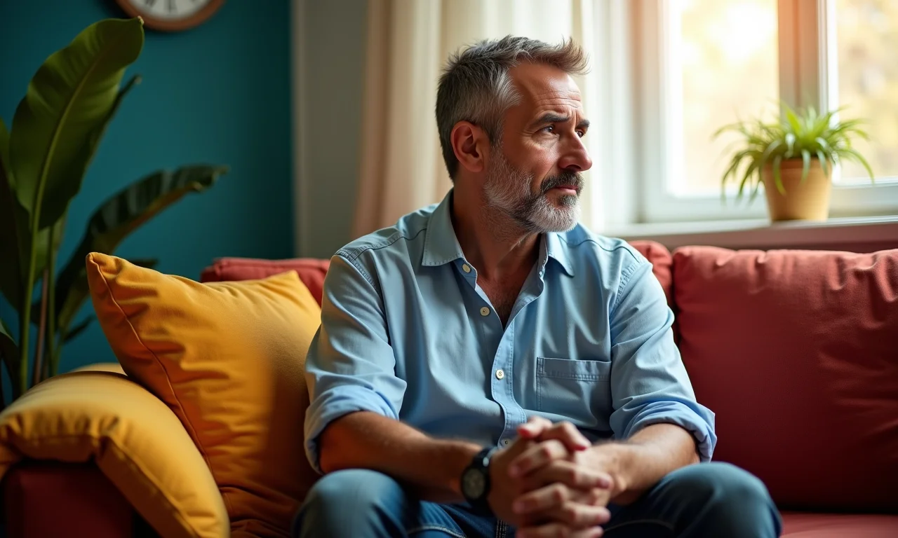 Homem brasileiro de meia-idade pensativo, representando a depressão.