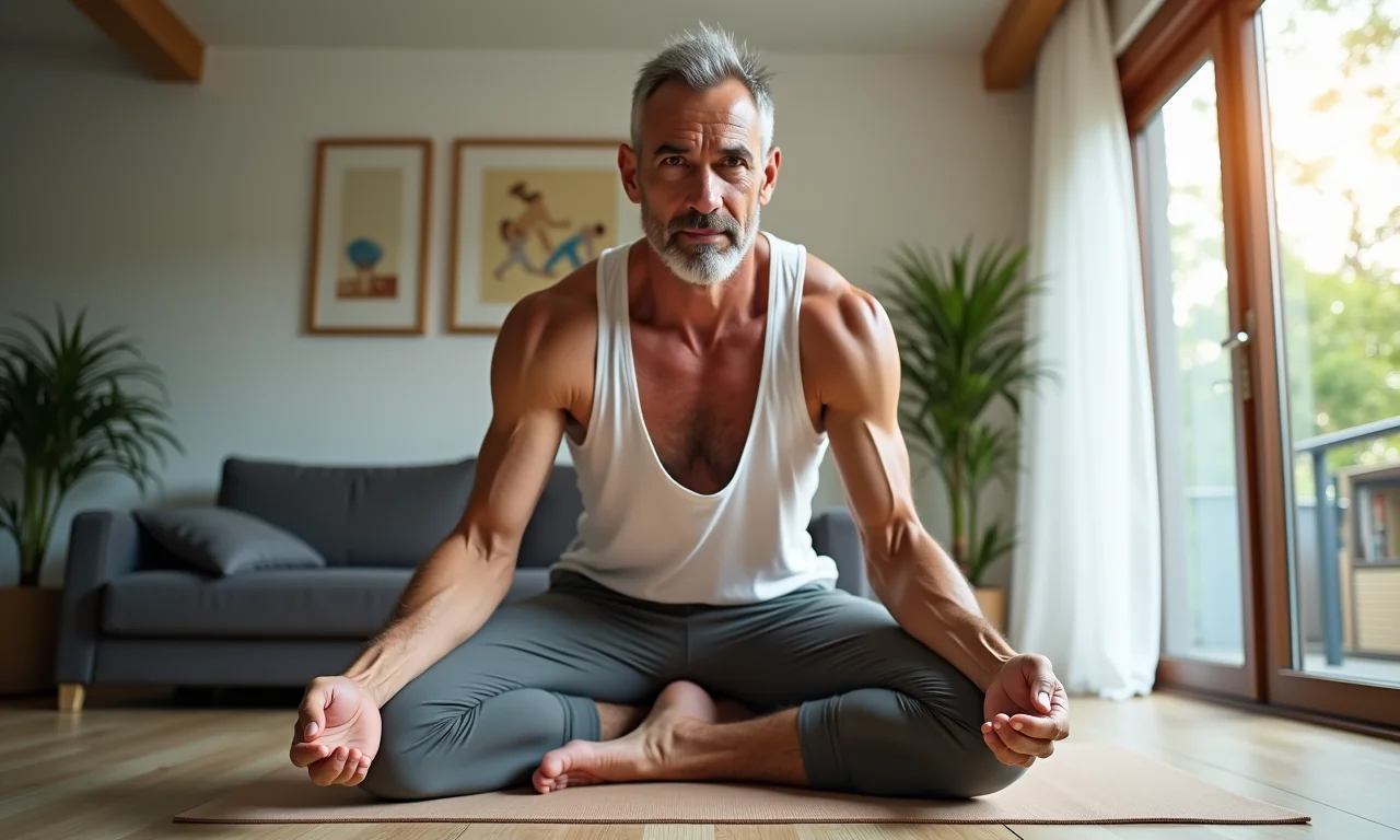 Homem brasileiro demonstrando força e equilíbrio na yoga.