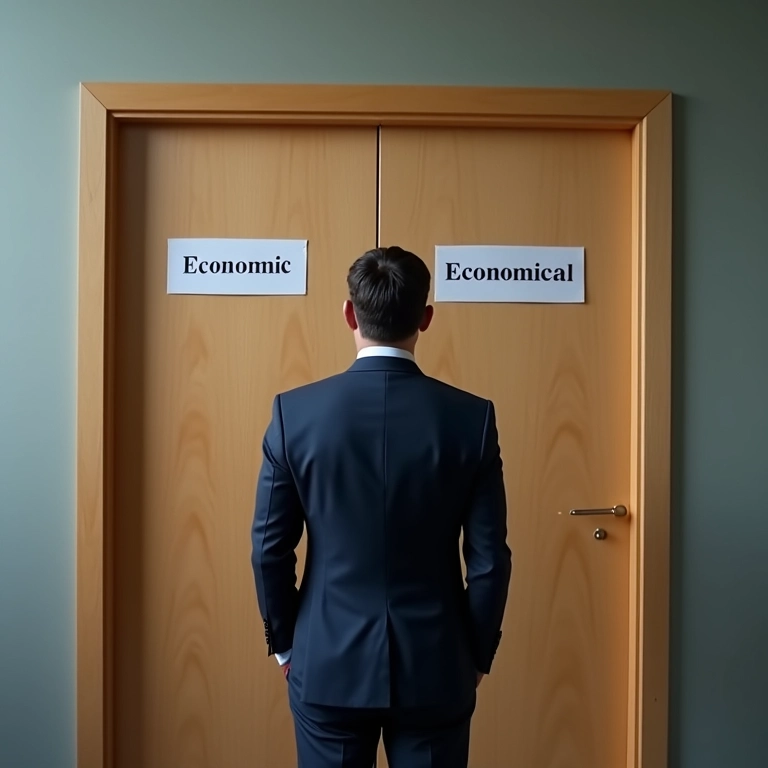 Homem confuso em frente a portas 'Economic' e 'Economical', representando a dúvida entre os termos.