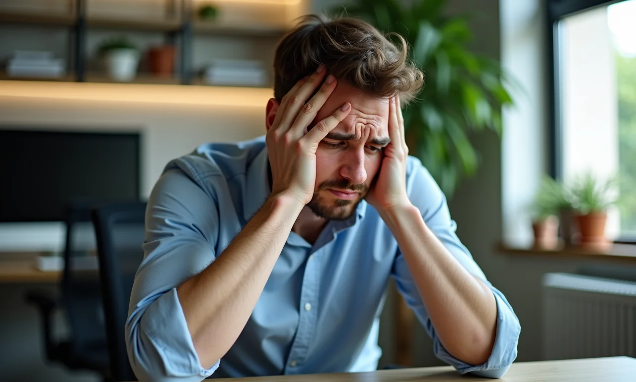 Homem estressado no trabalho desejando outra carreira