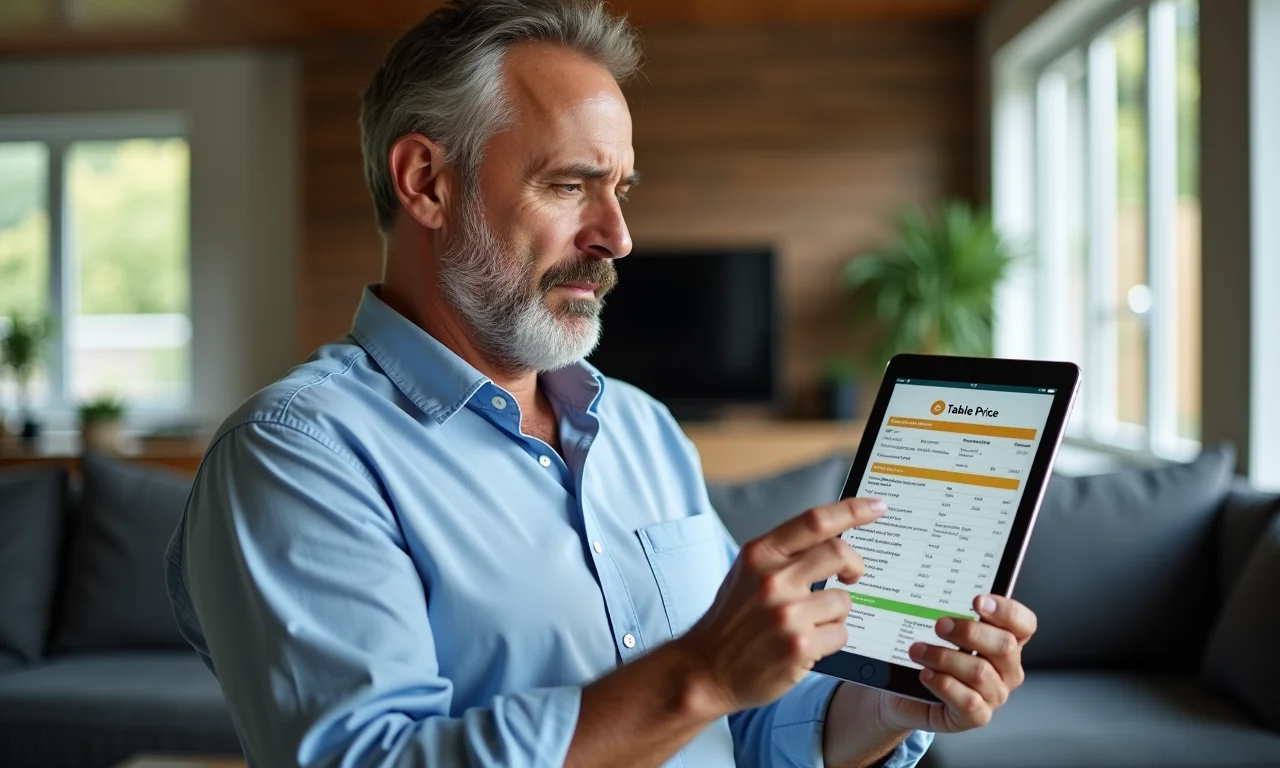 Homem preocupado analisando tabela Price em tablet.