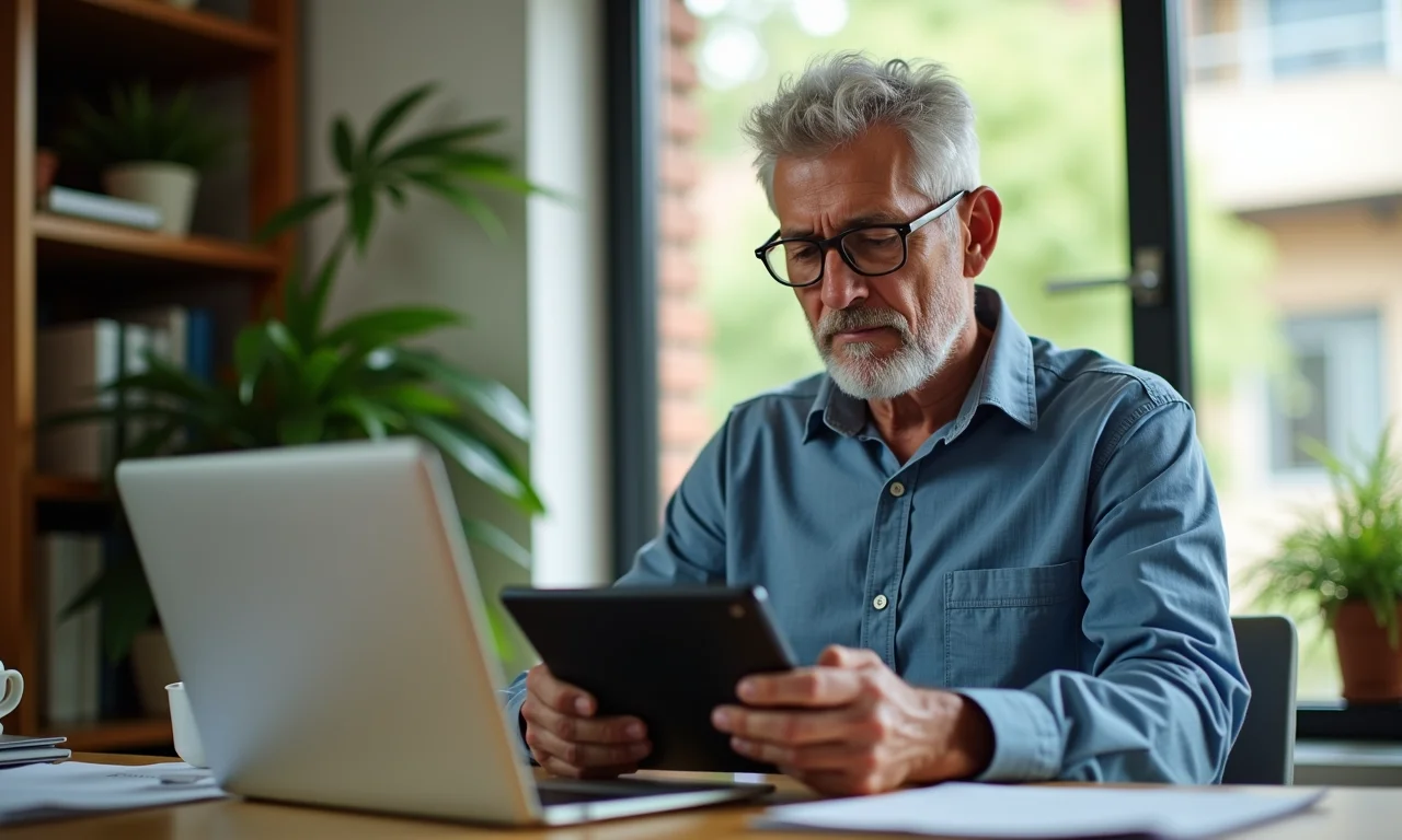 Homem revisando sua fatura Tim Controle em um escritório estiloso.