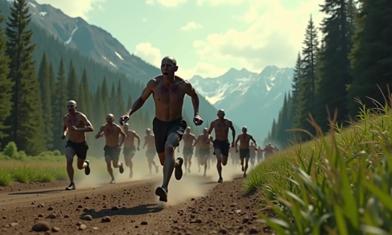 Horda de zumbis correndo em velocidades olímpicas através de terrenos diversos, de florestas a montanhas.