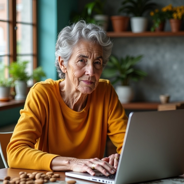 Idosa brasileira trabalhando em escritório vibrante, comendo amêndoas, fonte de Niacina (B3).