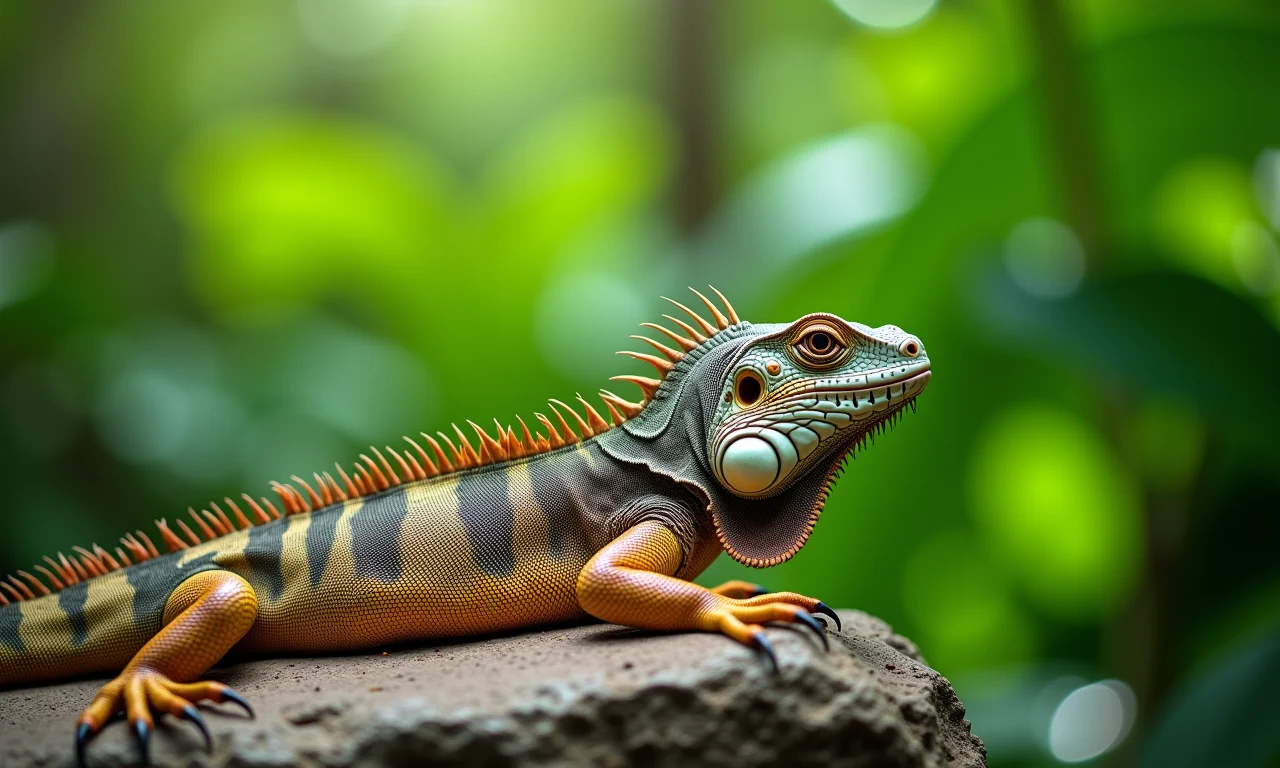 Iguana tomando sol em uma pedra na floresta tropical.
