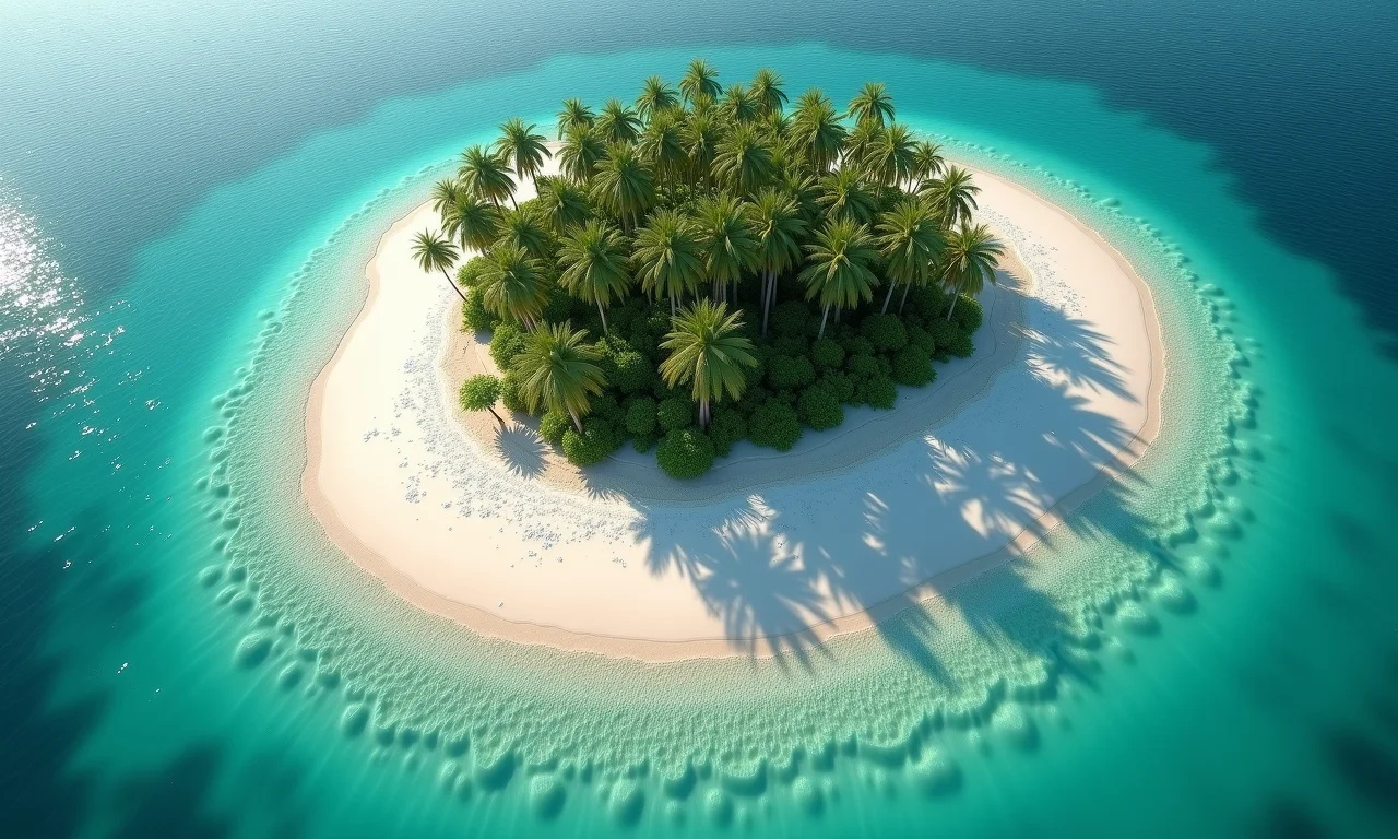 Ilha tropical sendo formada por deposição sedimentar, com manguezais e águas cristalinas.