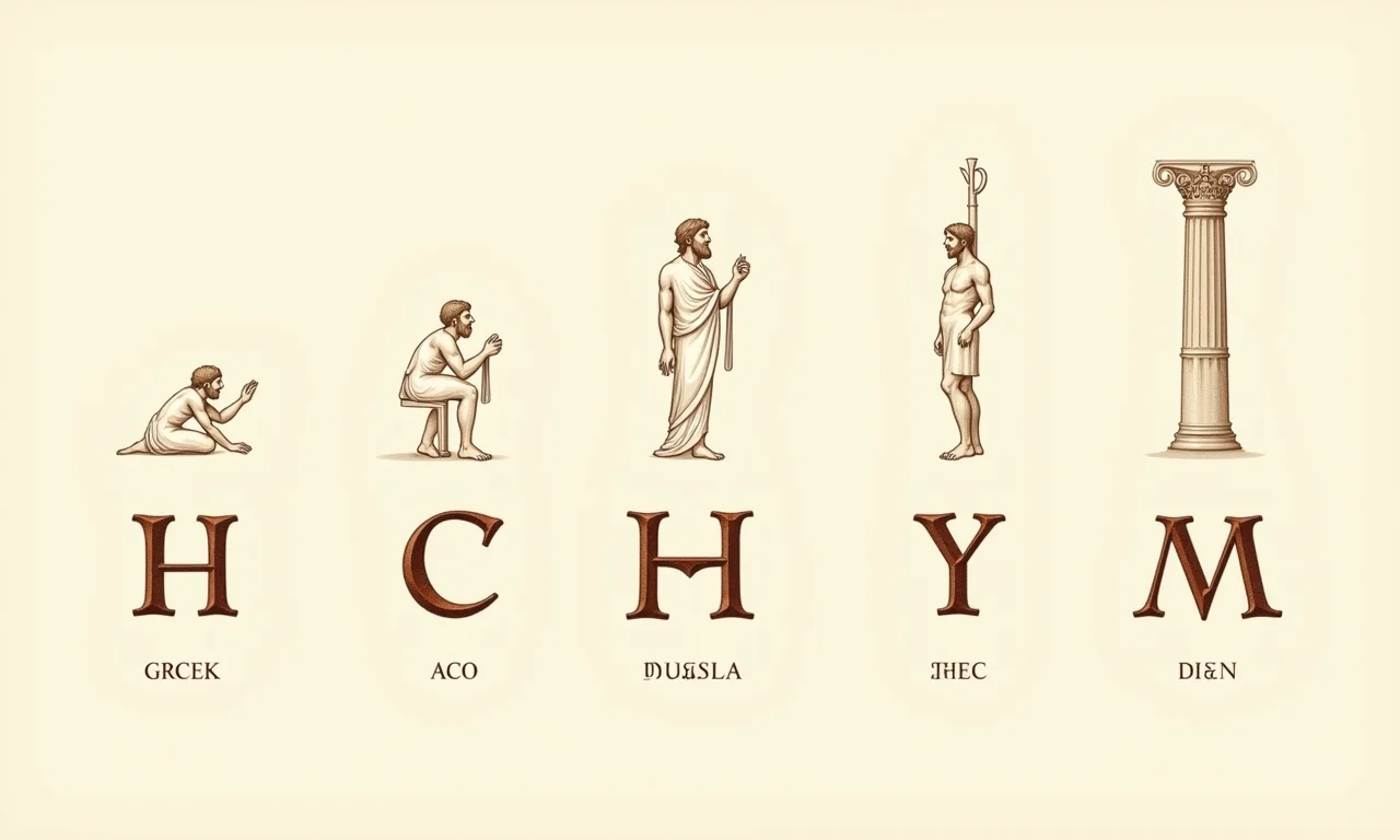 Ilustração comparativa mostrando a evolução das letras fenícias para os alfabetos grego e latino.