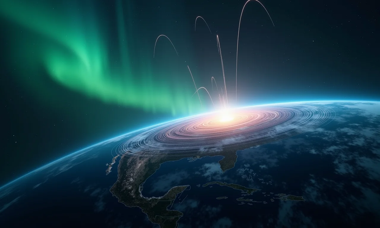 Ilustração do campo magnético da Terra enfraquecendo, com linhas esmaecidas e aurora boreal.