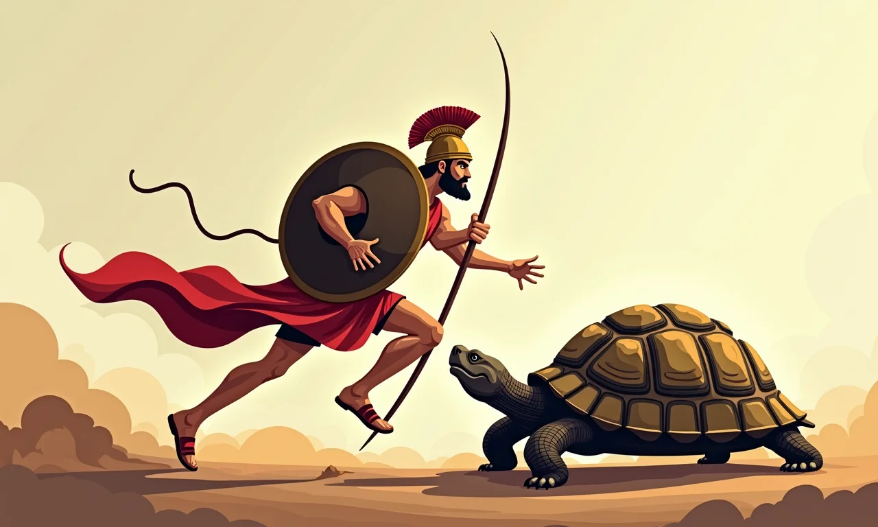 Ilustração estilizada de Aquiles correndo contra uma tartaruga, representando o Paradoxo de Zenão.