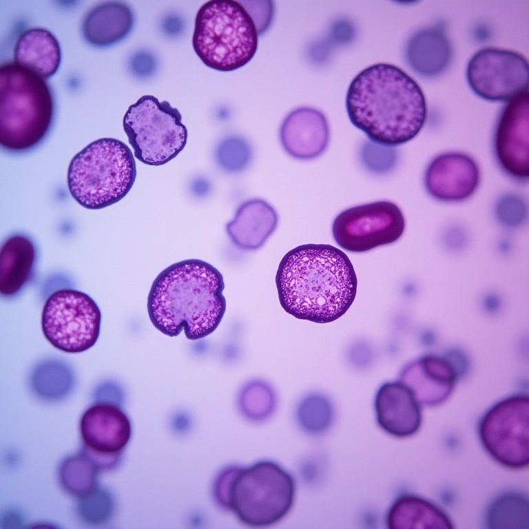 Imagem microscópica de glóbulos brancos (leucócitos) mostrando a diversidade de tipos celulares.