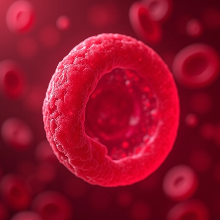 Imagem microscópica de glóbulos vermelhos (hemácias) com detalhes da estrutura celular.