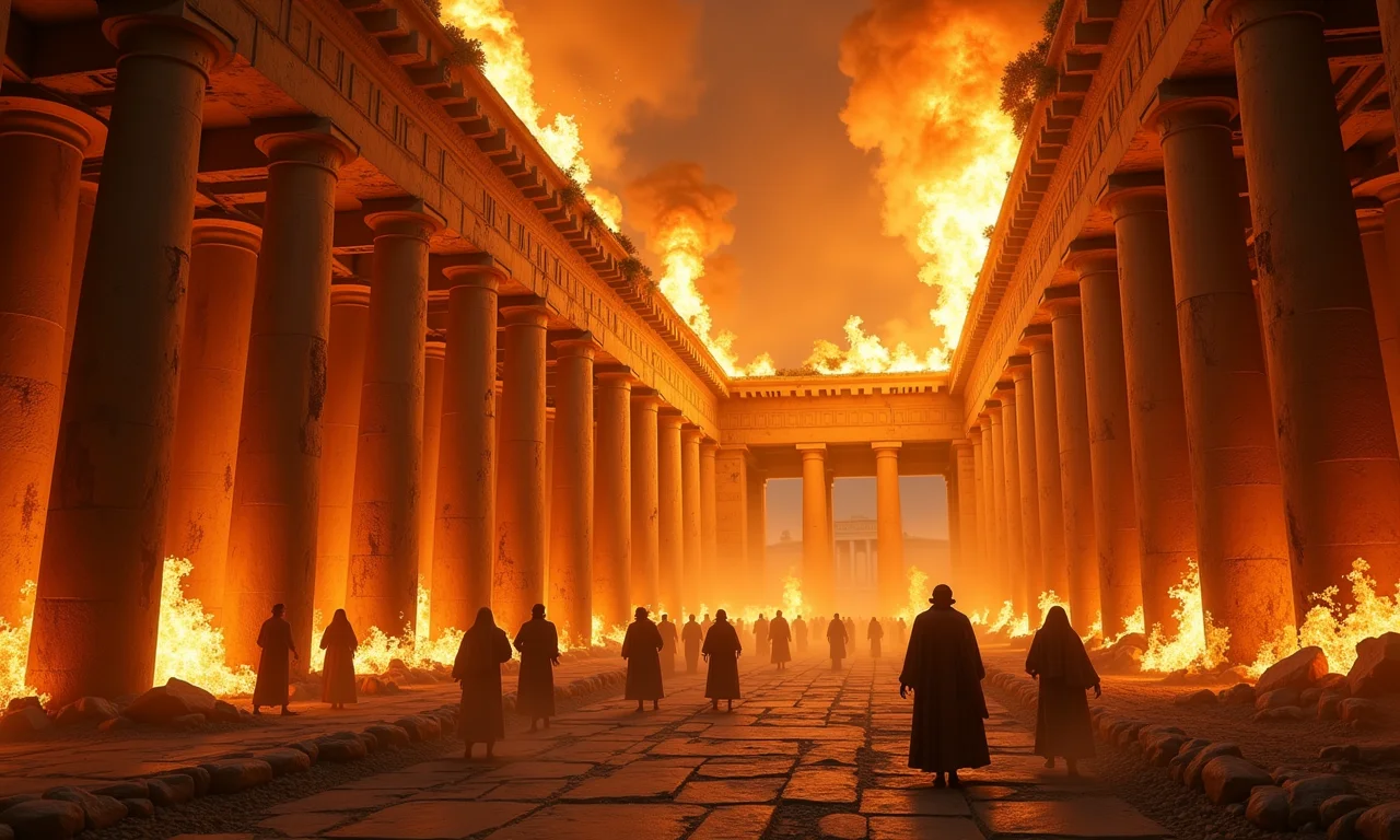 Incêndio devastador na Biblioteca de Alexandria, representando a perda cultural da antiguidade.
