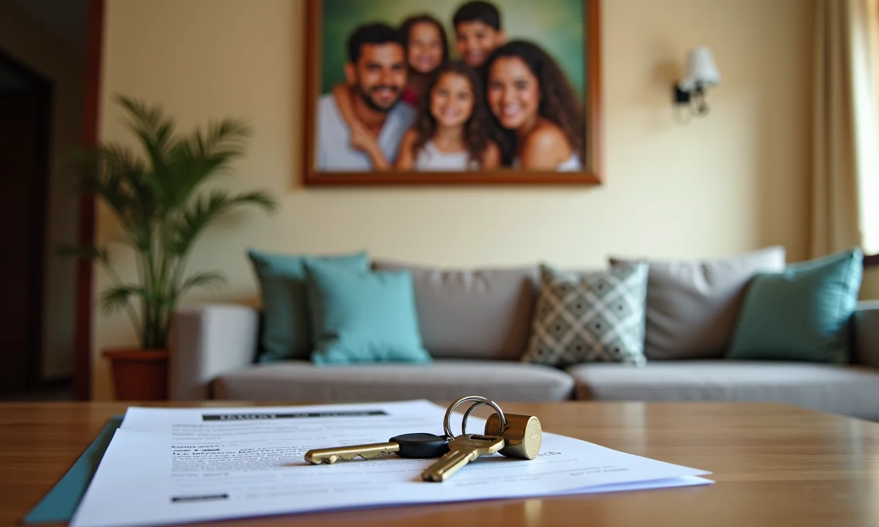 Interior de casa brasileira com retrato de família e chaves, representando propriedade privada.