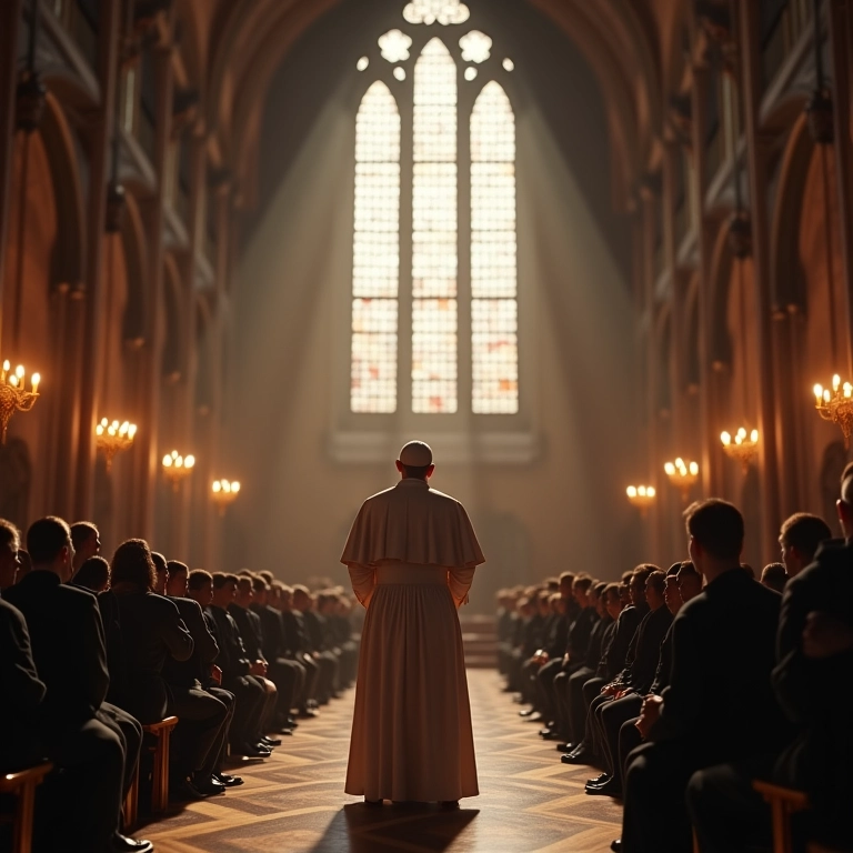 Interior de catedral com o papa discursando, representando a centralização do poder da Igreja durante as Cruzadas.
