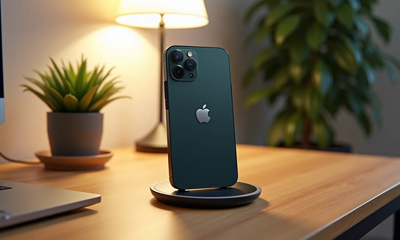 IPhone 14 Pro Max carregando sem fio em mesa de madeira moderna.