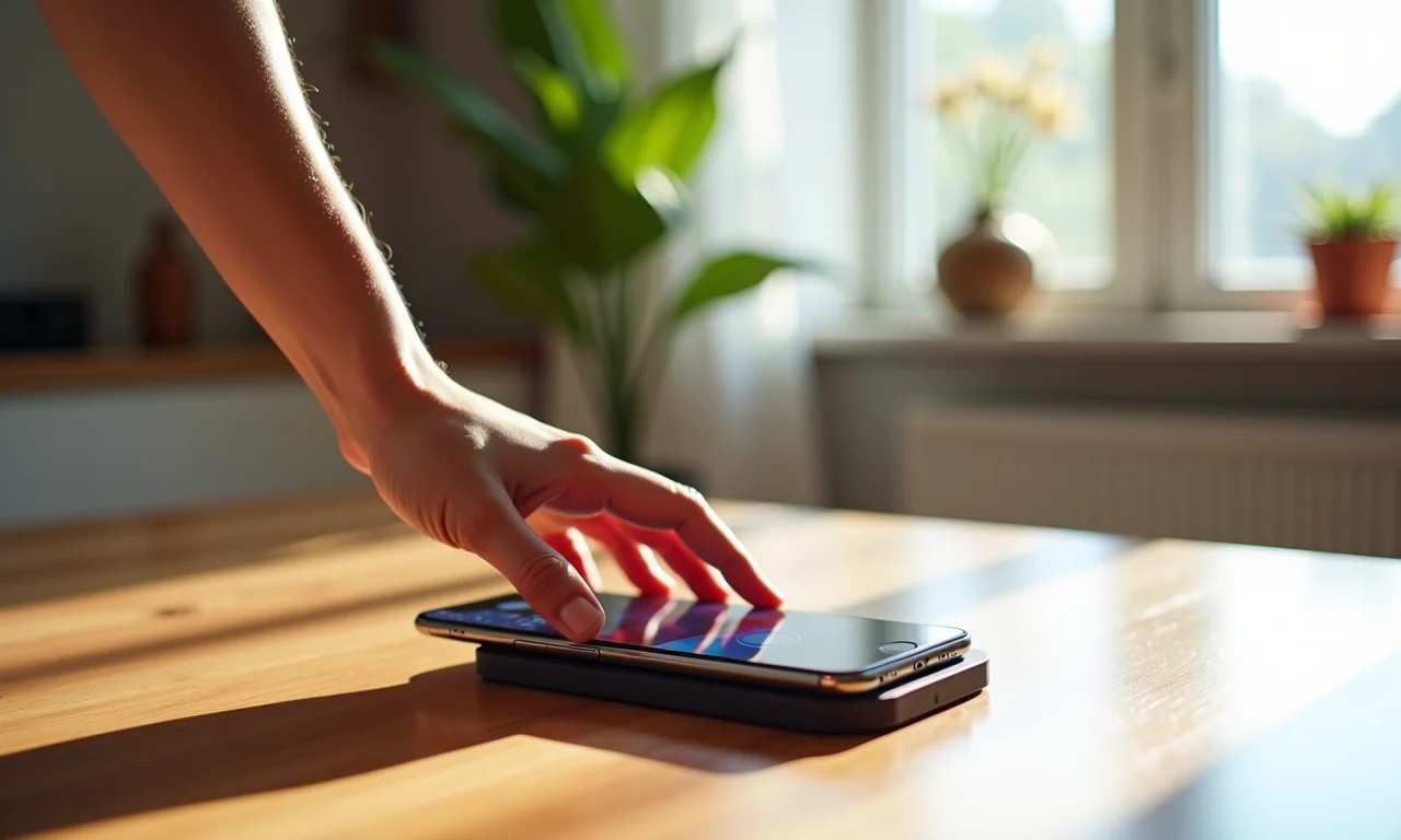 IPhone 8 sendo carregado por indução em sala de estar.