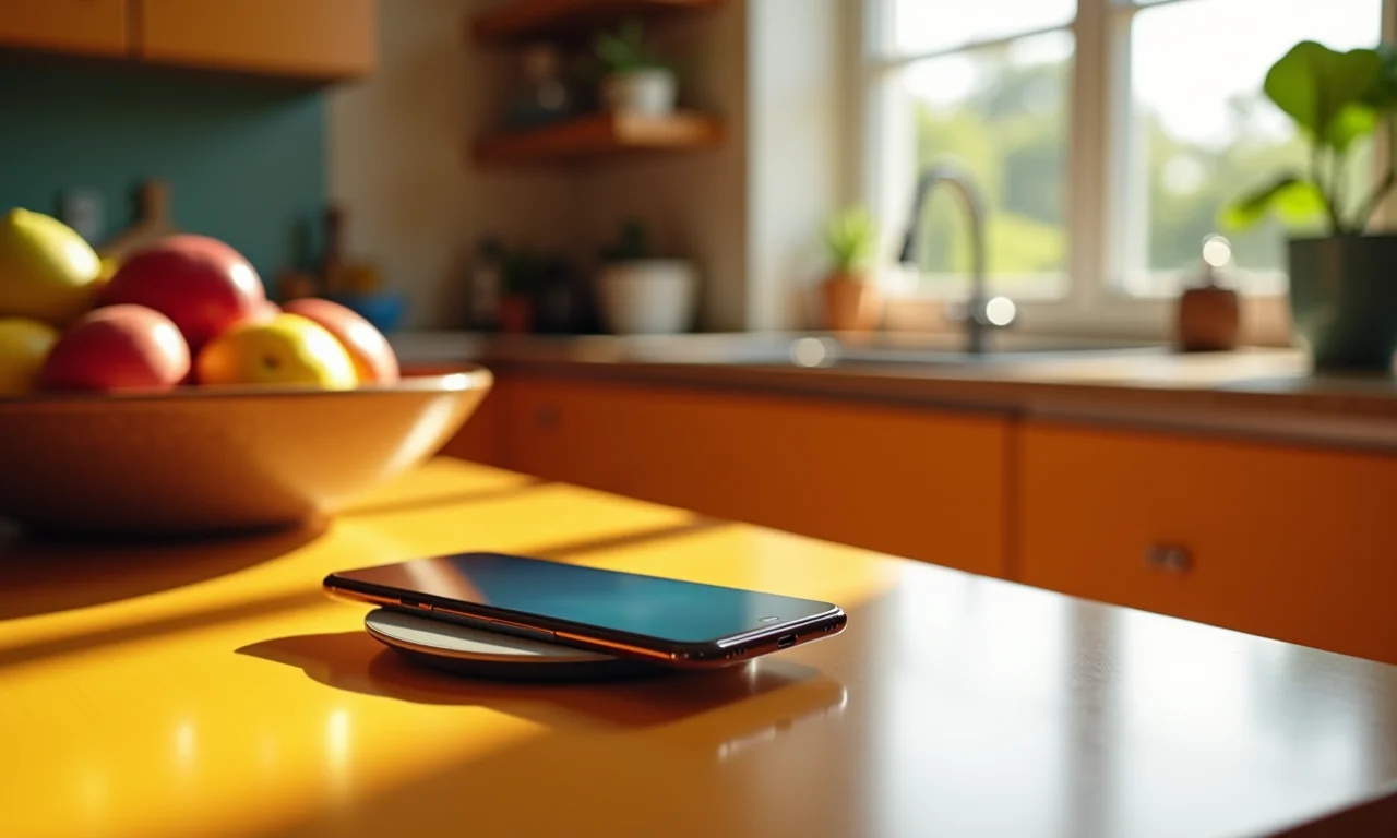 IPhone X carregando por indução em cozinha colorida.