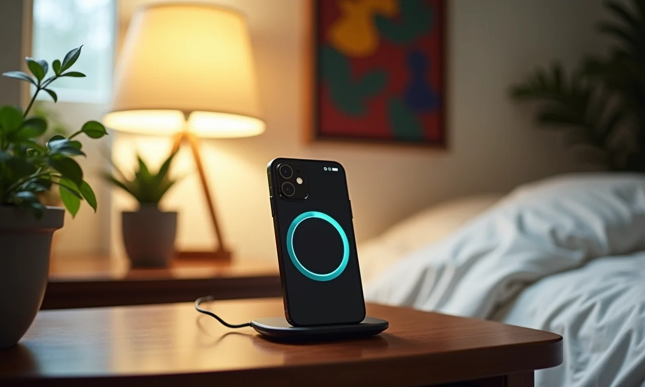 IPhone XR carregando sem fio em mesa de cabeceira.