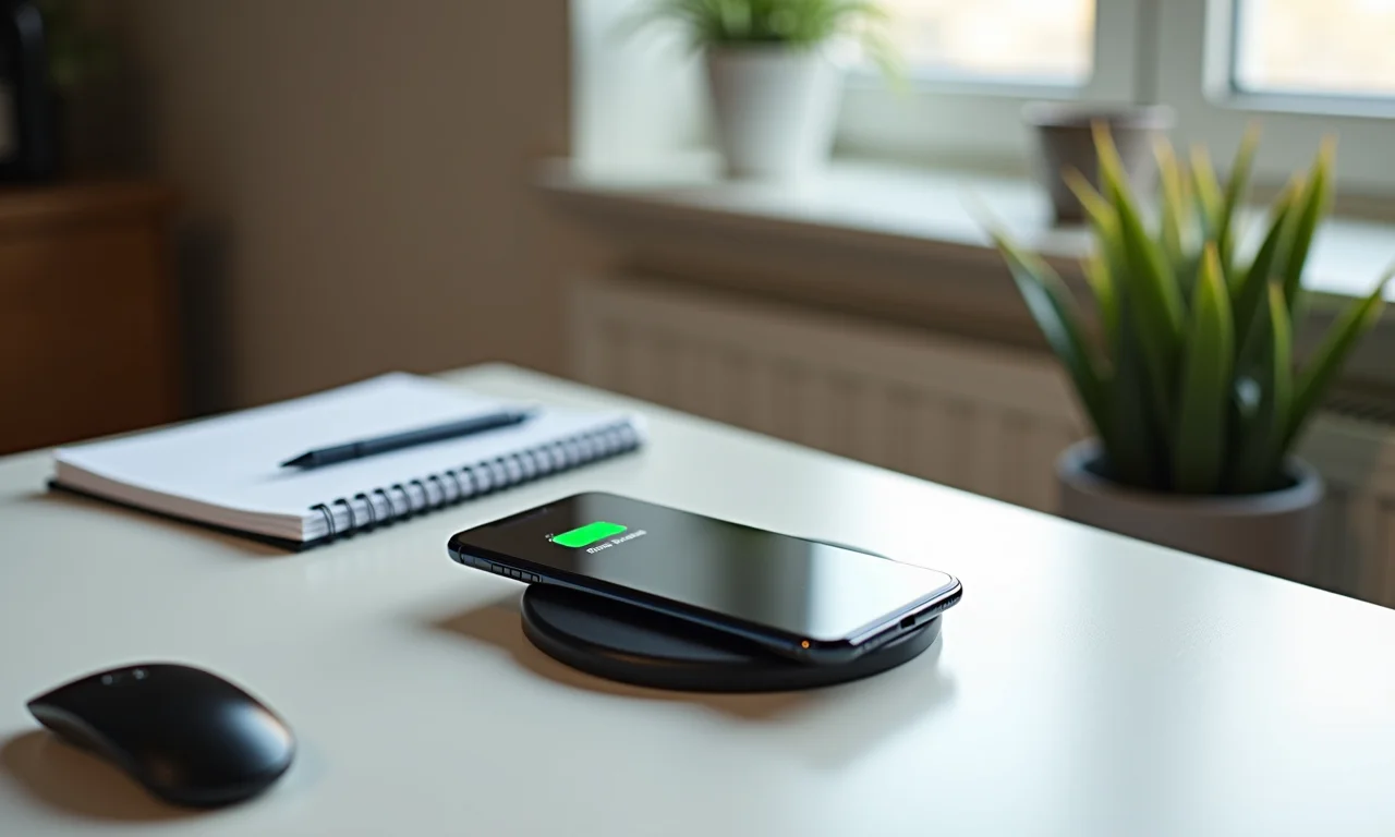 IPhone XS Max carregando sem fio em escritório.