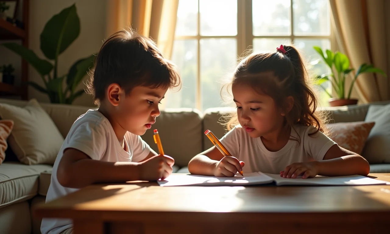 Irmãos comparando resultados de tarefa, um com menos acertos.