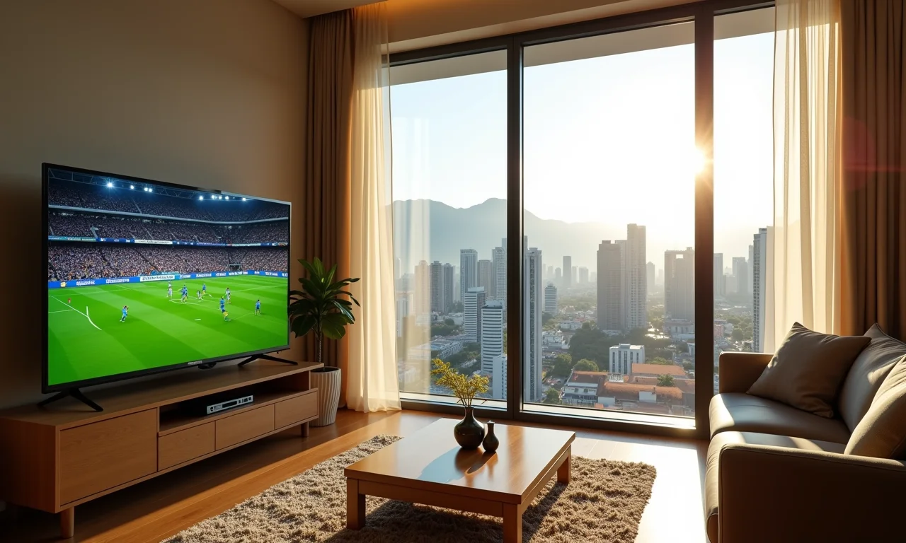 Jogo da Libertadores transmitido na TV em apartamento moderno.