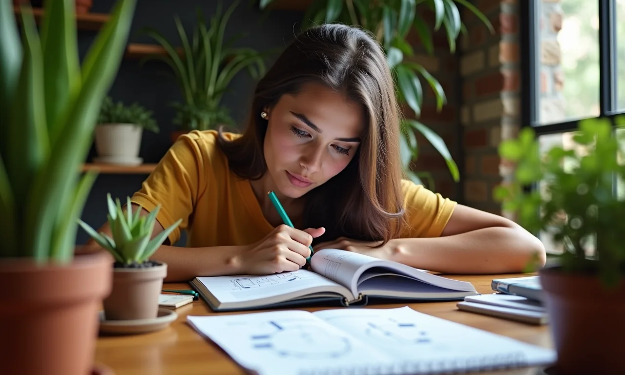 Jovem brasileira estudando proposições lógicas com diagramas.