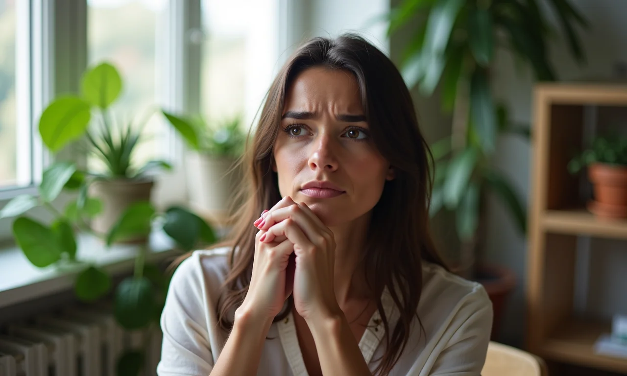 Jovem brasileira expressando ansiedade em seu apartamento iluminado.