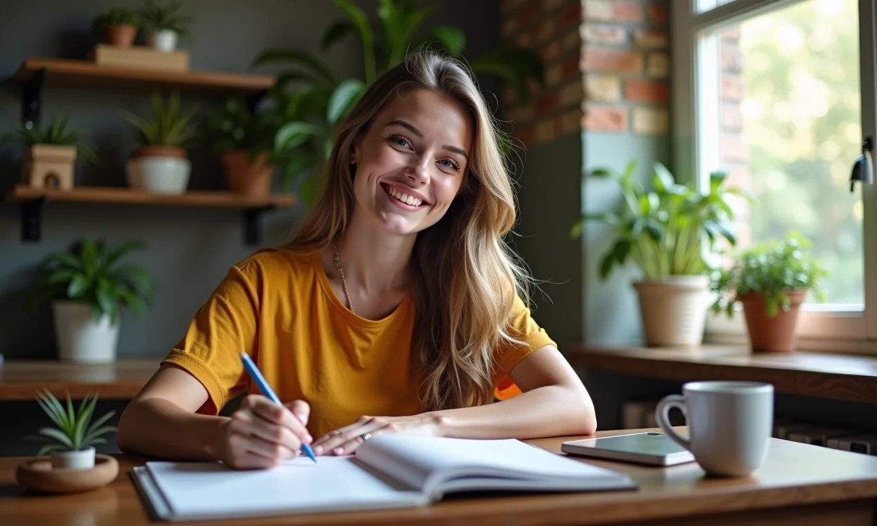 Jovem mulher sorrindo ao escrever introdução de redação.