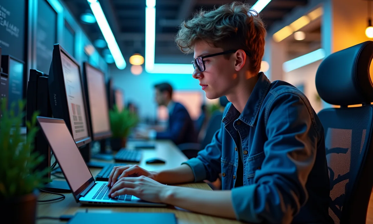 Jovem programador trabalhando em um laptop em um escritório moderno.