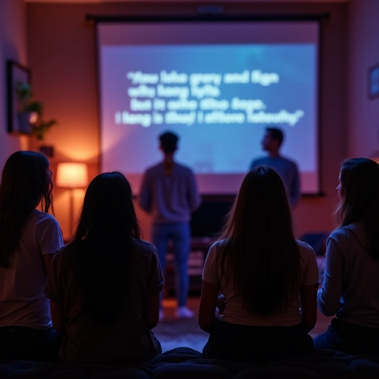 Jovens cantando karaokê com letras projetadas por data show na sala de estar.