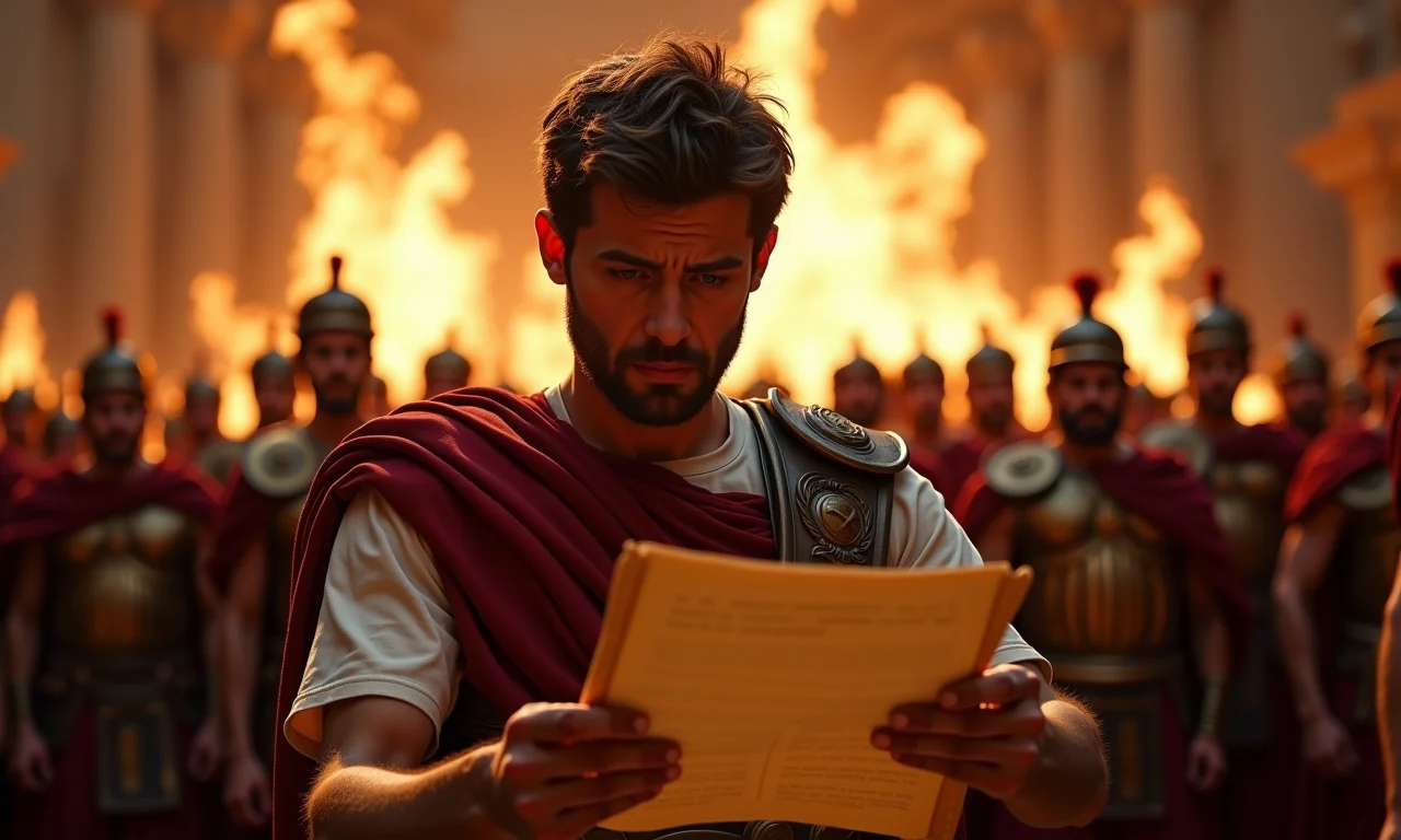 Júlio César observa o incêndio em Alexandria, mostrando preocupação com a perda cultural.