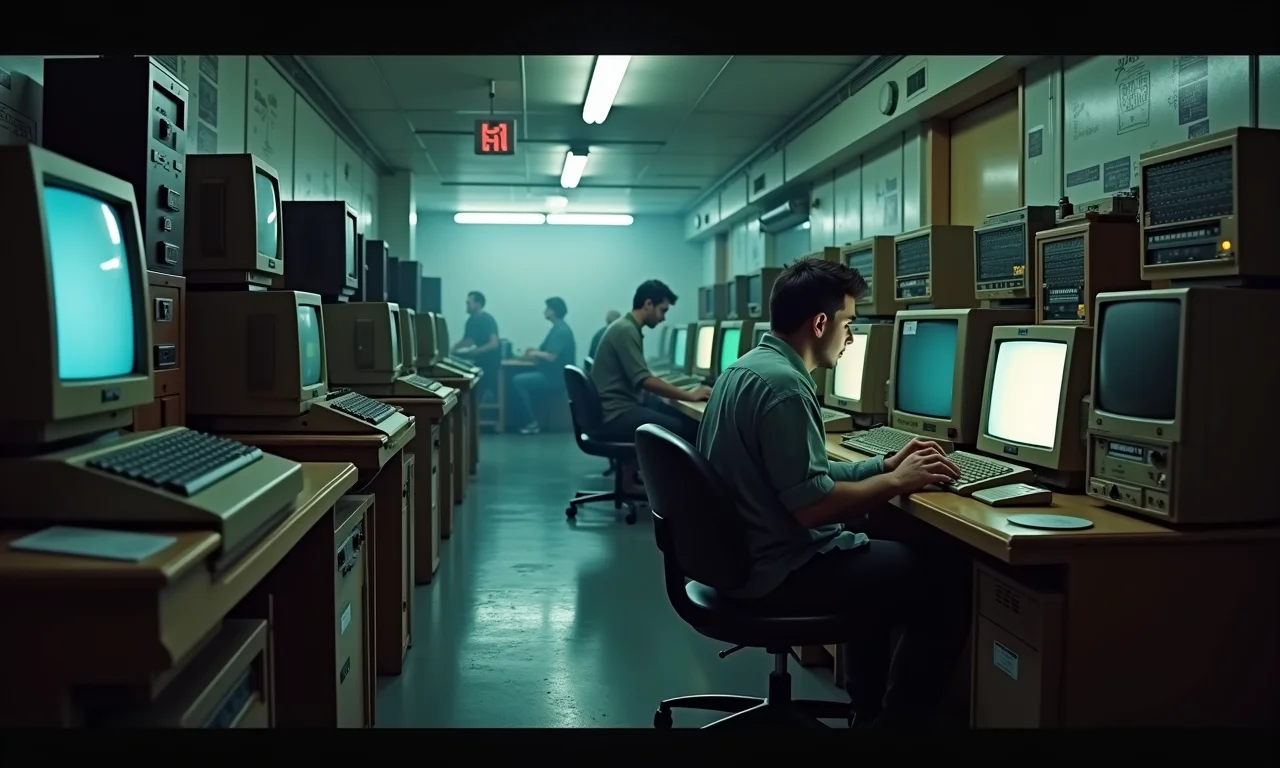 Laboratório de computadores vintage cheio de equipamentos antigos da internet.