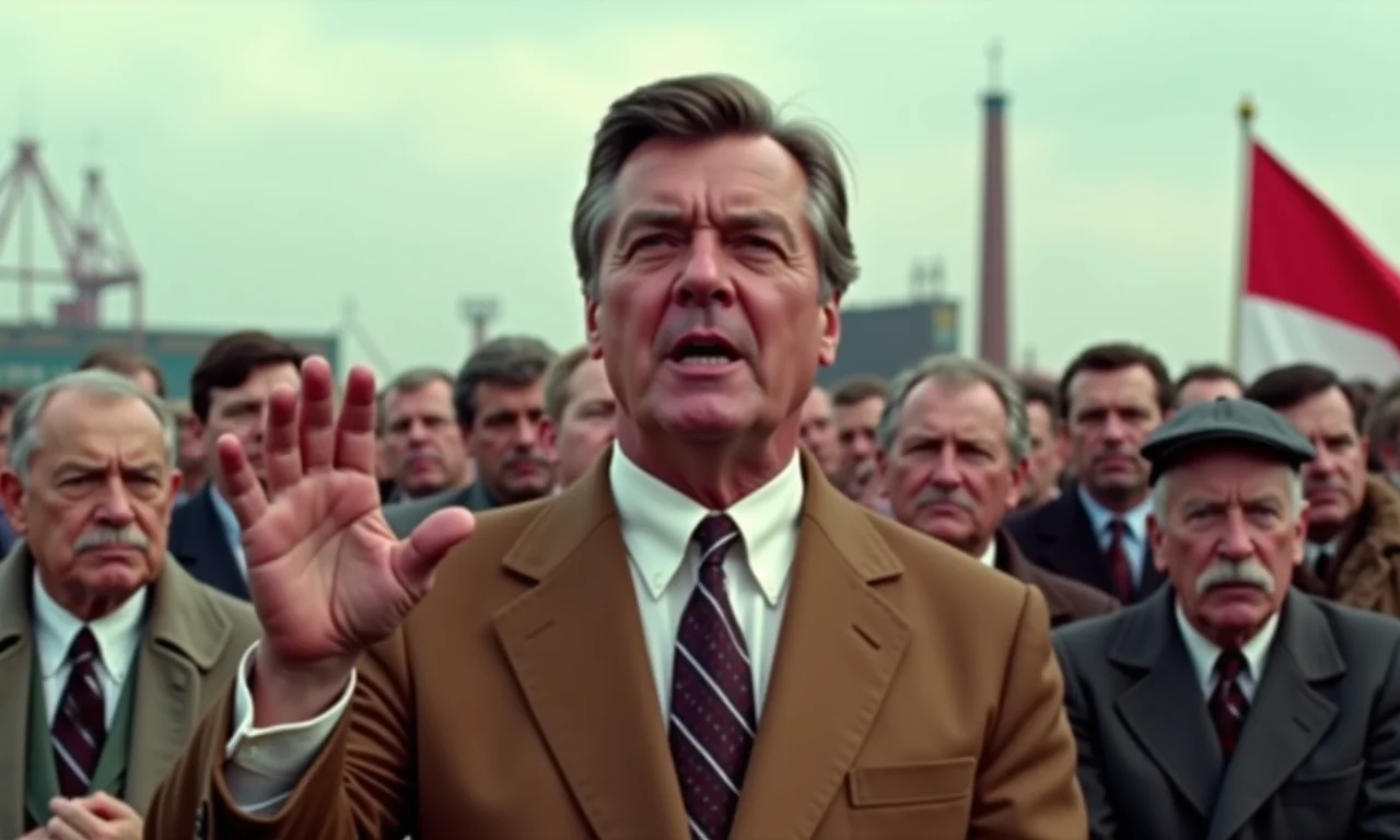 Lech Wałęsa discursando para uma multidão em um estaleiro na Polônia.