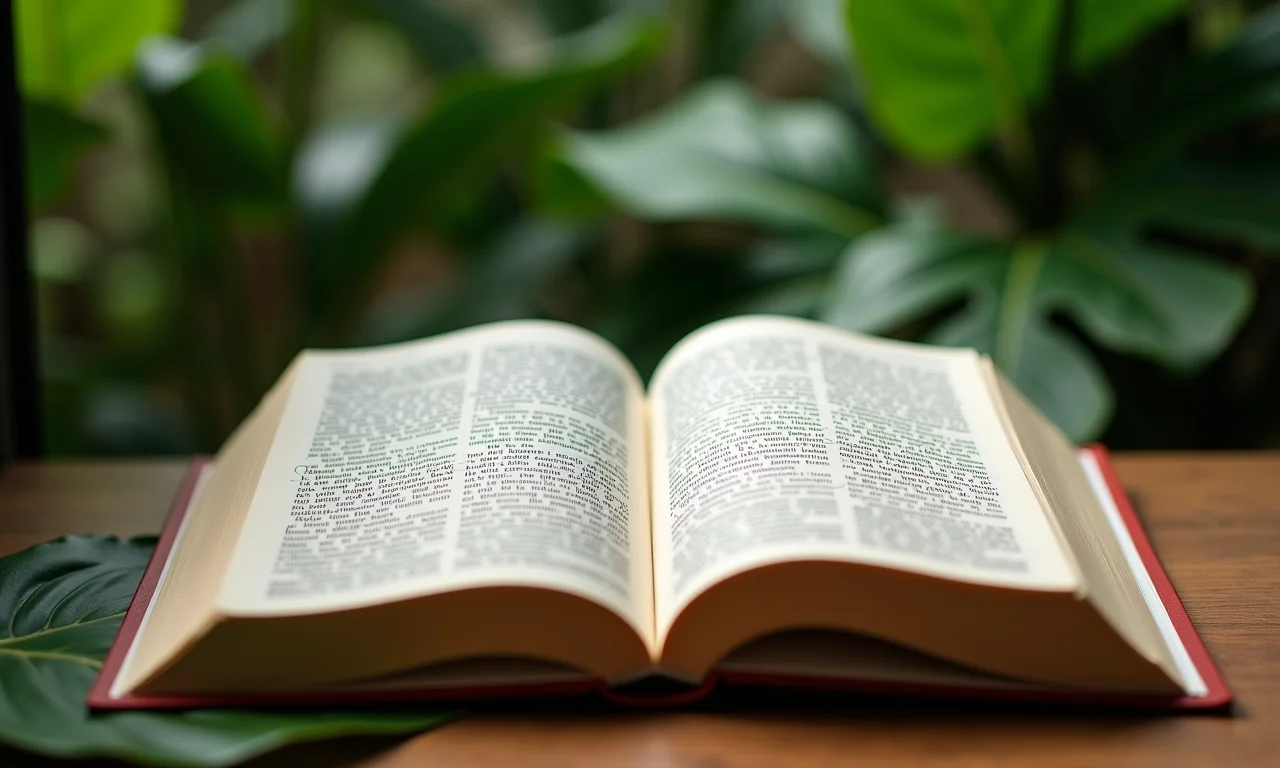 Livro aberto destacando o infinitivo com plantas brasileiras ao fundo.