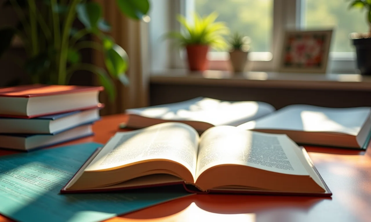 Livro aberto em mesa colorida com materiais de estudo para concursos de tribunais.