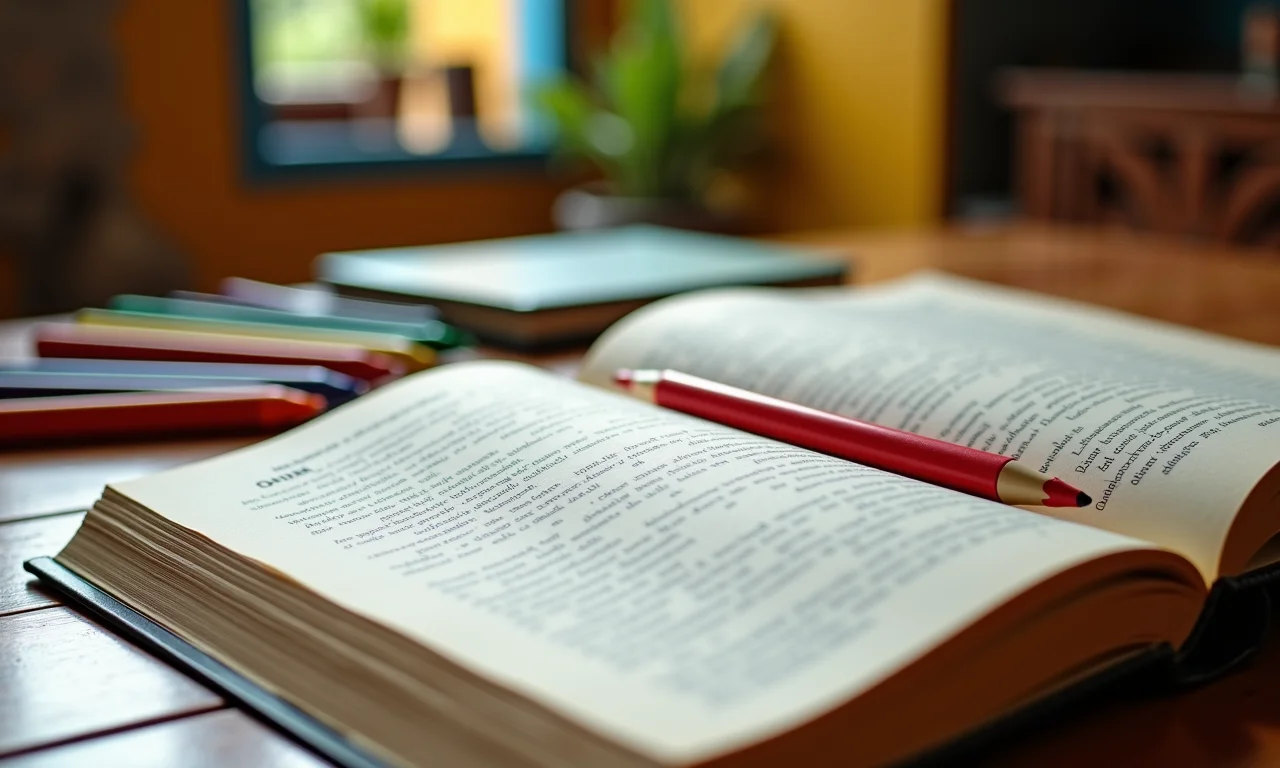 Livro de gramática aberto com anotações e canetas coloridas, base sólida para concursos.