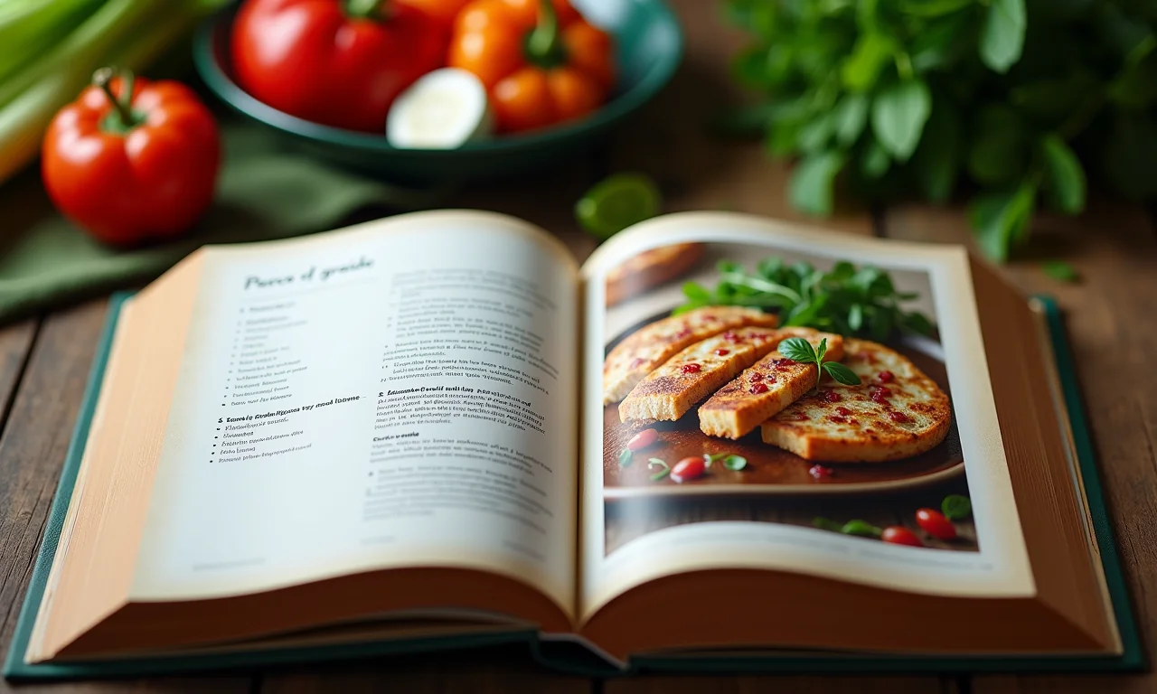 Livro de receitas brasileiro aberto mostrando alternativas de ingredientes com barra.