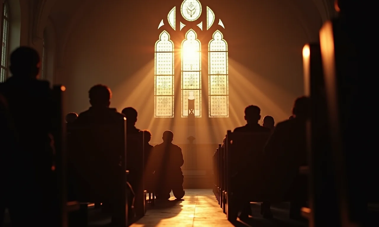 Luz divina iluminando rostos de manifestantes em uma igreja na Polônia.