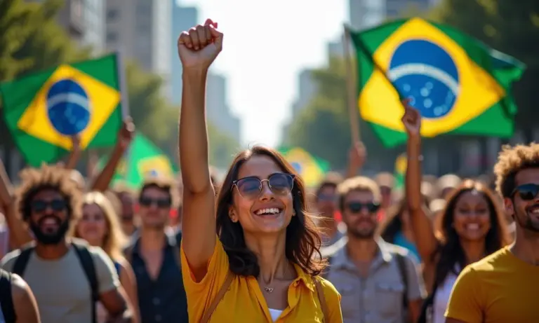 Manifestação no Brasil com pessoas de diferentes etnias e idades defendendo seus direitos.
