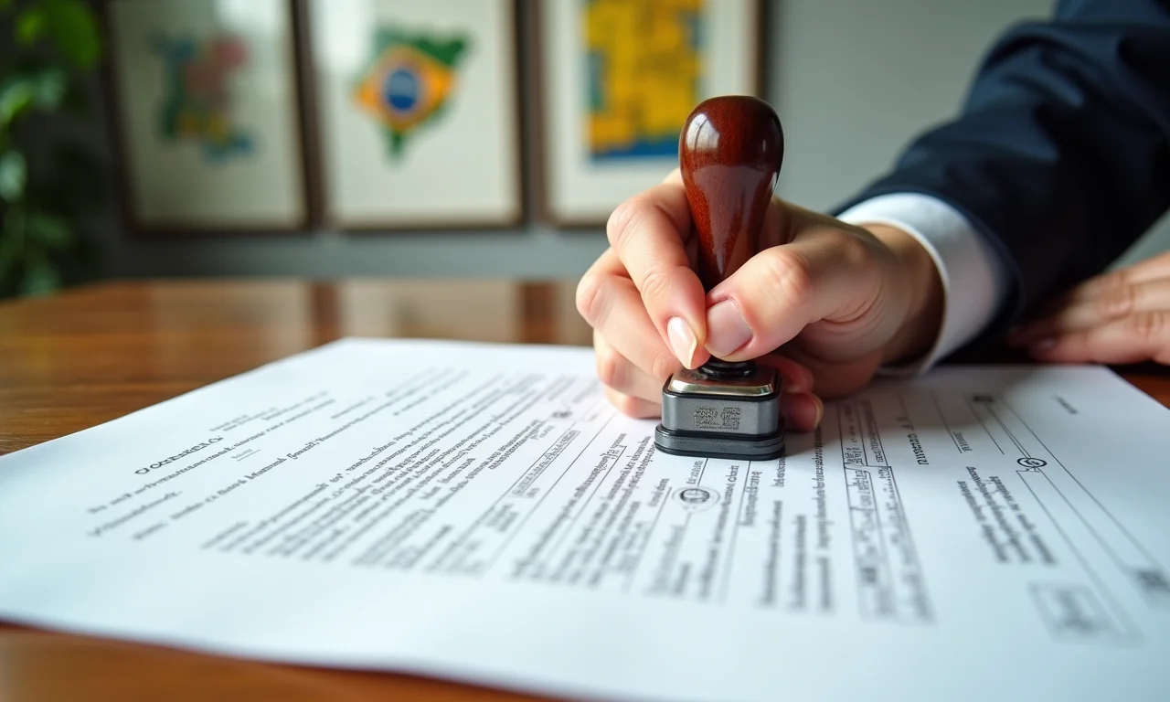 Mão carimbando 'particípio' em documento, representando conclusão, arte brasileira na parede.