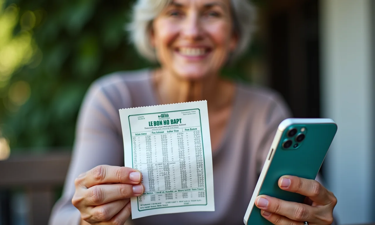 Mão segurando bilhete da loteria ao lado de smartphone mostrando app bancário.