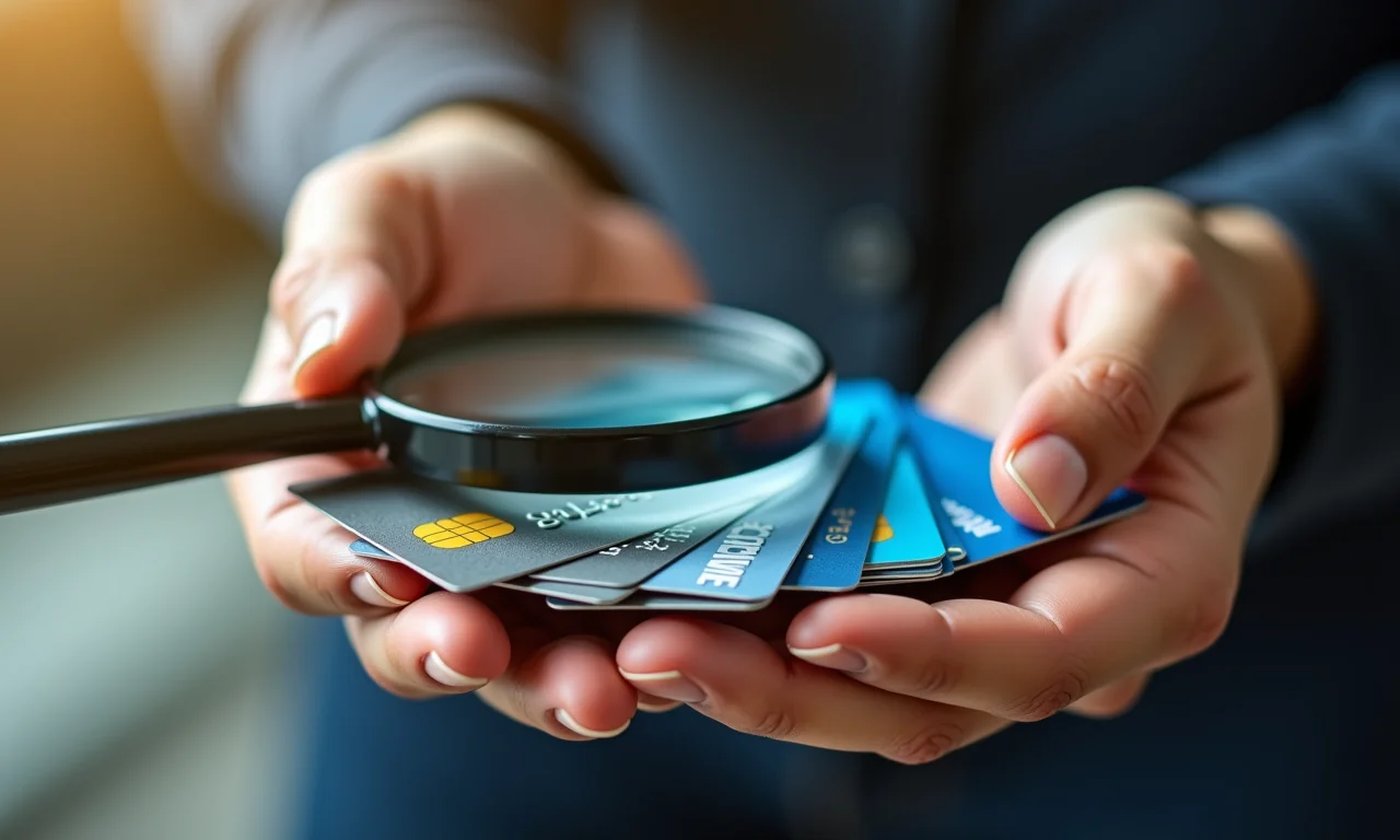 Mão segurando cartões de crédito com lupa, simbolizando a escolha.