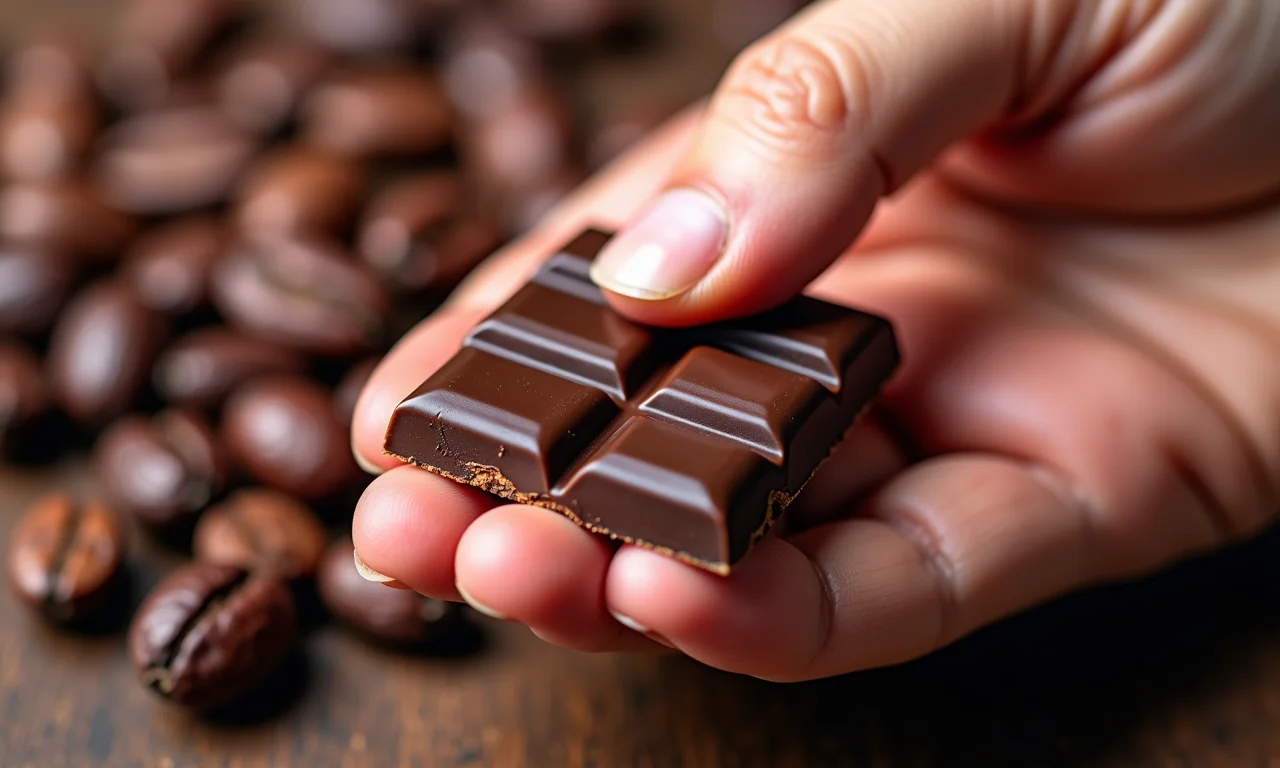 Mão segurando chocolate amargo com grãos de cacau ao fundo.