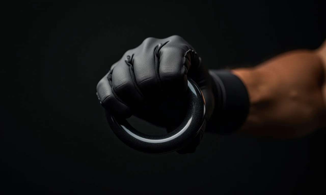 Mão segurando o anel Olímpico preto.