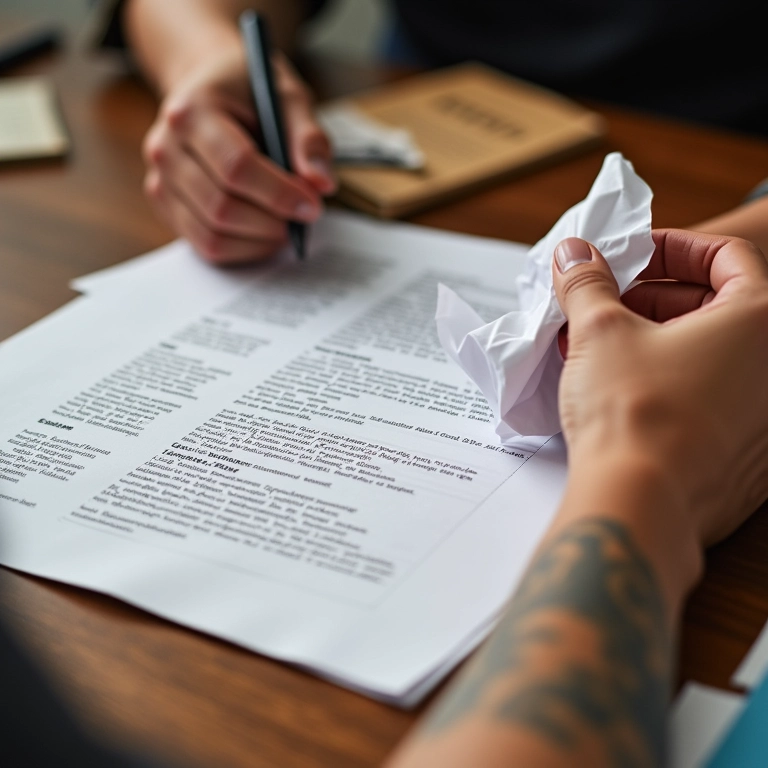 Mãos amassando papel perto de um resumo bem escrito, ilustrando erros comuns.