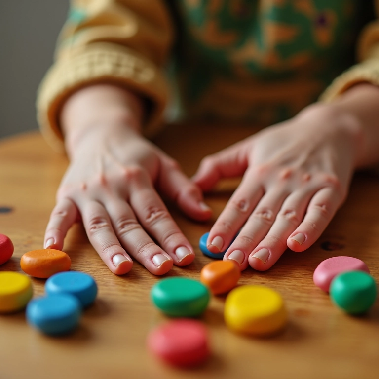 Mãos contando com dedos e ábaco colorido, aprendizado lúdico da matemática.