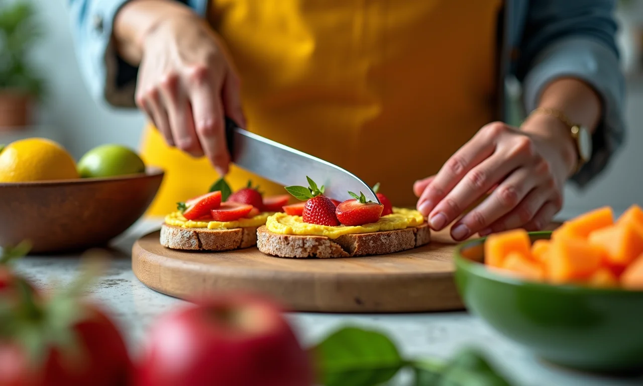 Mãos de adultos preparando lanche saudável em cozinha colorida.